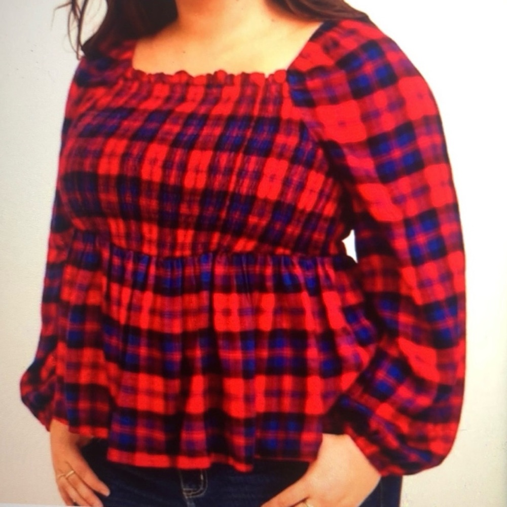 NWT Torrid size 1 smocked baby doll blue and red plaid top